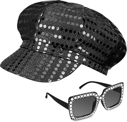 Yapartifa Glitzer-Hut, Abba-Zubehör für Damen, mit Pailletten, Hut, Bling, Sonnenbrille, Disco-Kostüm-Set, Abba-Kostüm, Zubehör für Damen, Mottoparty, Geburtstag, Tanz, Schwarz, 2 Stück von Yapartifa
