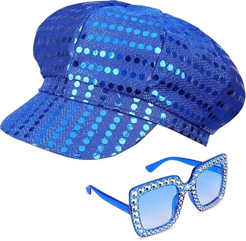 Yapartifa Glitzer-Hut, Abba-Zubehör für Damen, mit Pailletten, Hut, glitzernd, Sonnenbrille, Disco-Kostüm-Set, Abba-Kostüm, Zubehör für Damen, Mottoparty, Geburtstag, Tanz, 2 Stück von Yapartifa