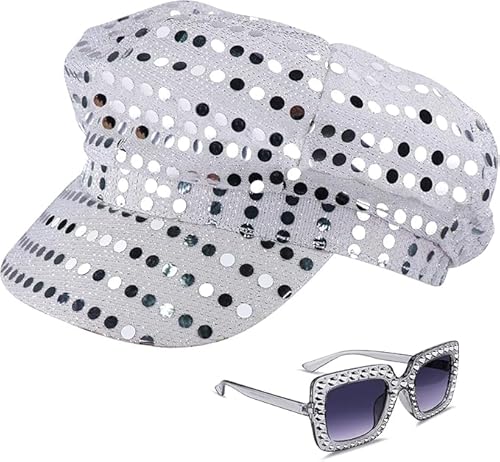 Yapartifa Glitzer-Hut, Abba-Zubehör für Damen, mit Pailletten-Hut, glitzernd, Sonnenbrille, Disco-Kostüm-Set, Abba-Kostüm, Zubehör für Damen, Themenparty, Geburtstag, Tanz, Silberfarben, 2 Stück von Yapartifa