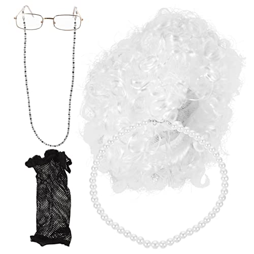 Yardenfun 1 Satz Kostümset Alte mit Grauer Lockenperücke Brille Kette Schmuck für Karneval Halloween Mottopartys Cosplay Bühnenauftritte Einfach zu Transportieren Langlebig Vielseitig von Yardenfun
