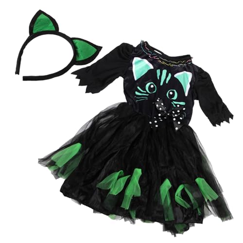 Yardenfun 1 Satz Kostümset für Mädchen Halloween Katzendress mit Katzenohren und Kopfbedeckung Dekoratives Kostüm für Karneval Cosplay Festlichkeiten und Schulaufführungen von Yardenfun