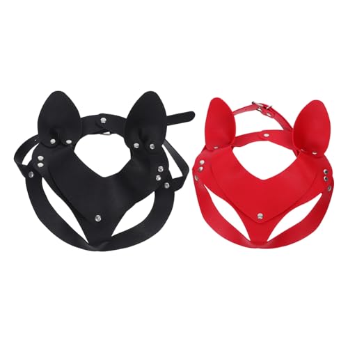 Yardenfun 2 Stück Teiliges Pu- Katzenohren Maske für Damen Verstellbar Leichter Punk-stil Halbgesichts-maskerade für Halloween Cosplay Party Schwarz und Rot von Yardenfun