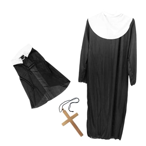 Yardenfun Halloween Kostüm Damen Nonne Teiliges mit Großer Goldener Kreuz Halskette Klassische Halloween Verkleidung für Frauen und Schnell Anzuziehen von Yardenfun