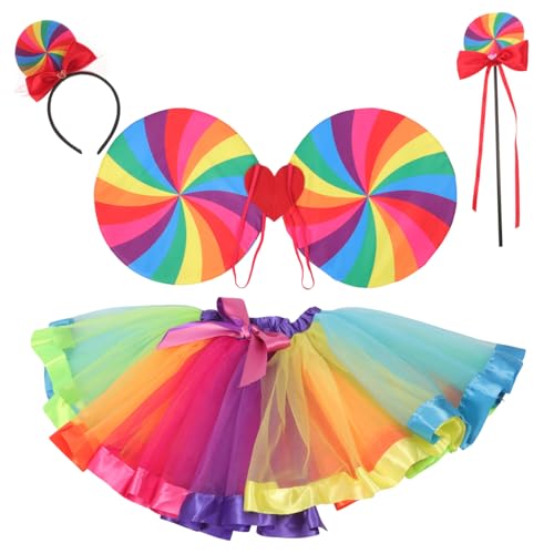 Yardenfun Regenbogen Kostüm Teilig Tüllrock Flügel Zauberstab Haarreif für Fasching Karneval Mottoparty Cosplay Party Zubehör von Yardenfun