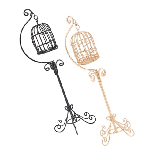 Yardwe 2 Stück Maßstab Dekorativer Metall Vogelkäfig mit Stand Gold-schwarz Puppenhaus Möbel Zubehör für Puppenstube Miniatur Landschaft Garten Dekoration von Yardwe