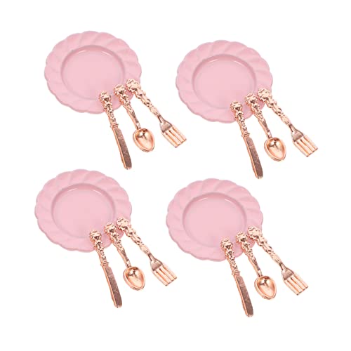 Yardwe 4 Sätze Mini-Besteckset Mini-Puppenhaus-Teller puppenhaus mini Teller Geschirr kinderküche Kitchen Geschirrset Puppenhaus-Mini-Schale aus Legierung Puppenhaus-Miniteller Rosa von Yardwe