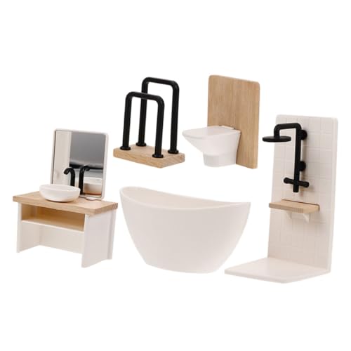 Yardwe 5 Stück Maßstab Puppenhaus Möbel mit Badewanne Toilette Waschbecken Dusche Handtuchhalter Stabile Verarbeitung Realistische Mini Badezimmer Ausstattung für Spiel von Yardwe
