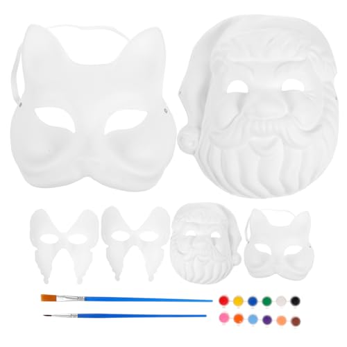 Yardwe Diy Papiermasken Teilig mit Farben und Pinseln Bemalbare Weiße Masken für Karneval Halloween Cosplay und Kreative Bastelprojekte Fuchs Schmetterlings und Weihnachtsmann Motiven von Yardwe