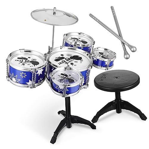 Yardwe Drum Set für Teilige Kindertrommel mit Hocker Blaues Schlagzeug für Kleinkinder zur Musikalischer Fähigkeiten und Kreativen Yardwe Drum Set für Teilige Kindertrommel mit Hocker Blaues Schlagzeug für Kleinkinder zur Musikalischer Fähigkeiten und Kreativen von Yardwe