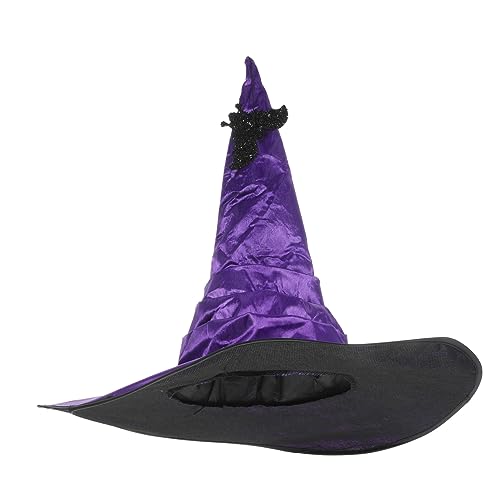 Yardwe Halloween Hexenhut mit Breiter Krempe Klassisches Cosplay Kostümzubehör für Damen Leicht und Komfortabel Violette Fledermaus Design für Halloween Partys und Themenfeiern von Yardwe