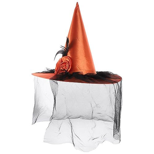 Yardwe Halloween Hexenhut mit Orangem Netzstoff Dekorativen Rosen und Breiter Krempe Verstellbar für Halloween Partys Cosplay Karneval und Kostümfeiern Geeignet von Yardwe