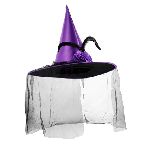 Yardwe Halloween Hexenhut mit Rosen und Violettem Tüll Eleganter Kostüm Hut für Halloween Party Role Play Geschenkidee Einfaches Ausziehen von Yardwe