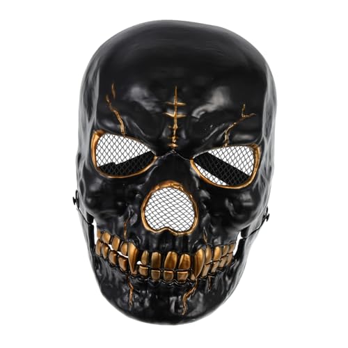 Yardwe Halloween Schädel Maske Gruselig Beweglicher Mund Cosplay Masquerade Party Requisit Schwarz Gold für Halloween Kostüm und Karneval von Yardwe