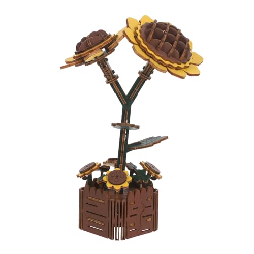 Yardwe Holzrätselblumen Desktop -Topf -Sonnenblumenkit 3D -Blumenmodellhandwerk Kit Sonnenblumen-Puzzle 3D -Holzmodell -Blumenkit DIY -Holzpflanzendekoration Blumenstrauß aus Holz hölzern von Yardwe