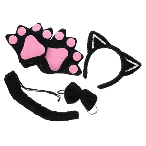 Yardwe Katzenohren Haarreif mit Plüschschwanz und Schleife Cosplay Kostüm Zubehör für Damen sowie Schwarzer Handschuhe Süßer Tierohren Kopfschmuck für Partys und Tier Mottopartys von Yardwe