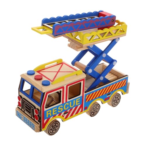 Yardwe Ladder Lift Car Model für Feuerwehrautos -Cartoon-Feuerwehrauto Lernspielzeug Feuerwehrauto Auto LKWs Kleinkinderautos Holz von Yardwe