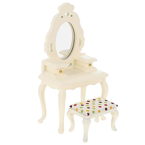 Yardwe Maßstab Puppenhaus Schminktisch mit Spiegel und Mini Hocker Detailreiche Wohnzimmereinrichtung Dekoratives Miniatur Möbel Zubehör für Puppenhaus Schlafzimmer von Yardwe