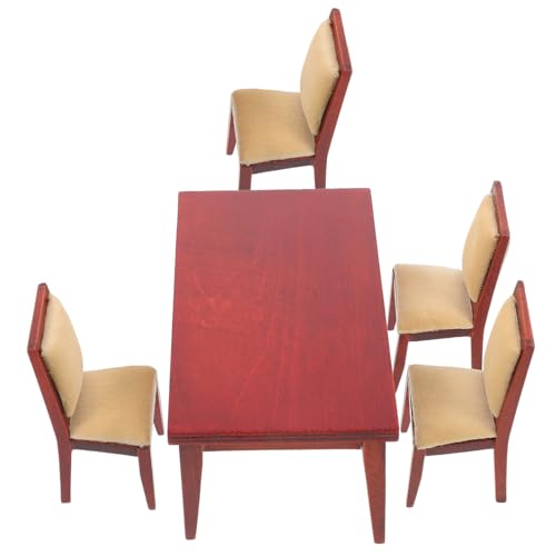 Yardwe Maßstab Puppenhaus Zubehör Vintage Rotes Holz Stabiles Mini Tisch und Stühle als Dekoration und Fotorequisite für Puppenhaus Szenen von Yardwe