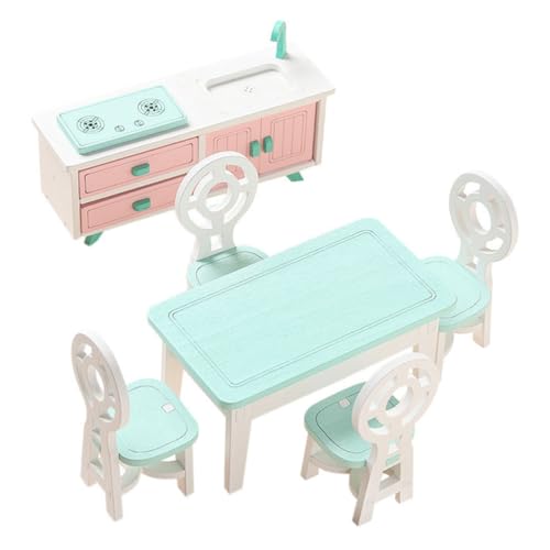 Yardwe Miniatur Holz Puppenhaus Möbel Set Teiliges Esszimmer Zubehör mit Waschtisch Stühlen Realistische Dekoration für DIY Puppenhaus Detailgetreue Kleine Holzmöbel für Zubehör von Yardwe