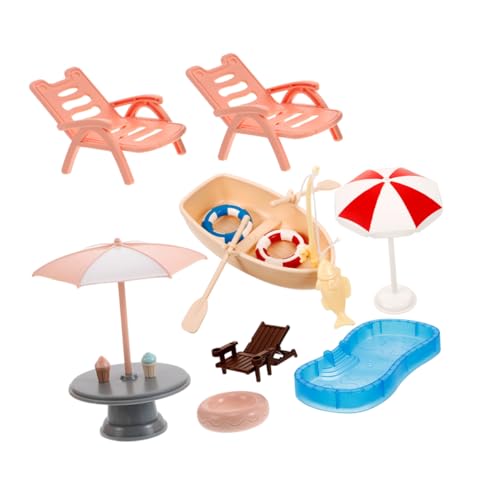 Yardwe Miniature Dollhouse Pool Set mit Schwimmring Strandstuhl Sonnenschirm und Boot für Kreative DIY Projekte und Fantasievolles Spiel im Fairy Garden von Yardwe