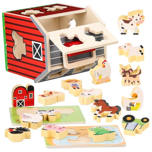 Yardwe Montessori Holz Bauernhof Spielset mit Tieren Lernspielzeug für Jahre Montessori Lernspielzeug Farbenfrohe Holzbauernhof Figuren für Motorische Entwicklung und Kognitive von Yardwe