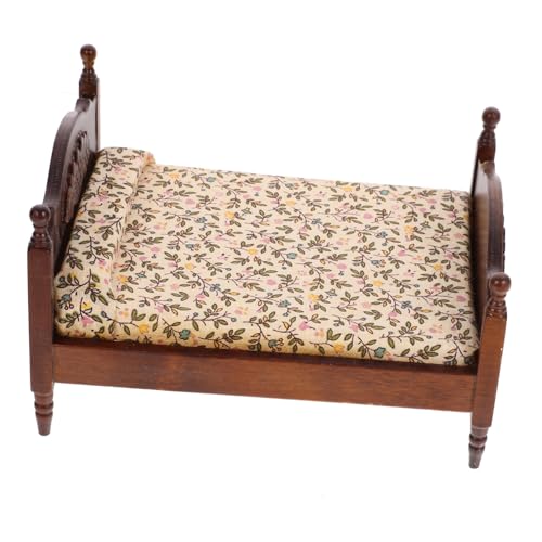 Yardwe Puppenhaus Bett aus Holz Doppelbett im Europäischen Stil für Schlafzimmer Zubehör zur Dekoration von Mini Häusern und Fotorequisit von Yardwe