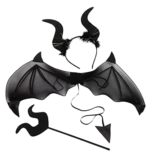 Yardwe Schwarzes Teufel Kostüm Set mit Hörner Haarreif Teufelsflügel und Stab Halloween Party Cosplay Zubehör für Damen Herren Jugendliche Festliche Verkleidung für Karneval und von Yardwe