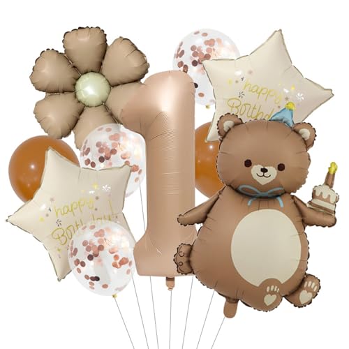 11 Stück Bär Geburtstagsdeko 1 Jahr Junge, Luftballons Deko 1. Geburtstag Junge Mädchen, Happy Birthday Banner, 1-2 Jahre Bären Folienballon Braun Luftballon für 1 Jahr Kindergeburtstag Dekoration von Yarteim