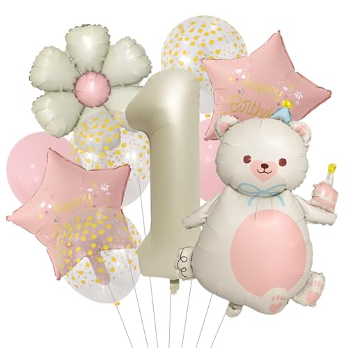 11 Stück Bär Geburtstagsdeko 1 Jahr Junge, Luftballons Deko 1. Geburtstag Junge Mädchen, Happy Birthday Banner, 1-2 Jahre Bären Folienballon Braun Luftballon für 1 Jahr Kindergeburtstag Dekoration von Yarteim