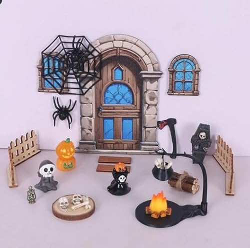 Halloween Puppenhaus Dekoration, 33 Stück Wichieltür Set Halloween mit Zubehör Skelett Kürbis Hexenkessel Spinne und Grabstein, Holz Wichteltür Komplettset, Miniatur Wichtel Set für Party Dekoration von Yarteim