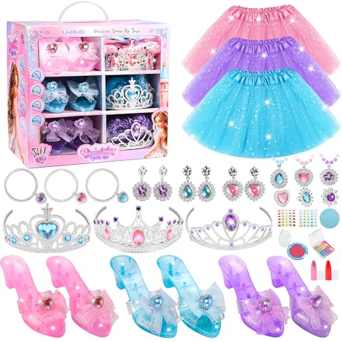 YasinKidz Prinzessin Schuhe mit Kinderschminke Set Mädchen, Prinzessin Spielzeug mit 3 Paar Schuhen, 3 Tüllrock, Krone, Halskette, Geburtstag Weihnachten Geschenke für Mädchen 3 4 5 6 Jahre von YasinKidz