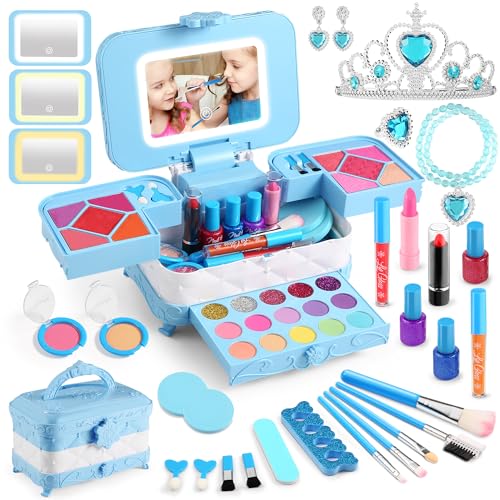 Yasinkidz Kinderschminke Set Mädchen mit LED Kosmetikspiegel, 57Pcs Kinder Schminkkoffer Mädchen Spielzeug, Waschbar Schminkset Kinder Make Up Set Geburtstags Weihnachten Geschenke für Mädchen (Blau) von YasinKidz