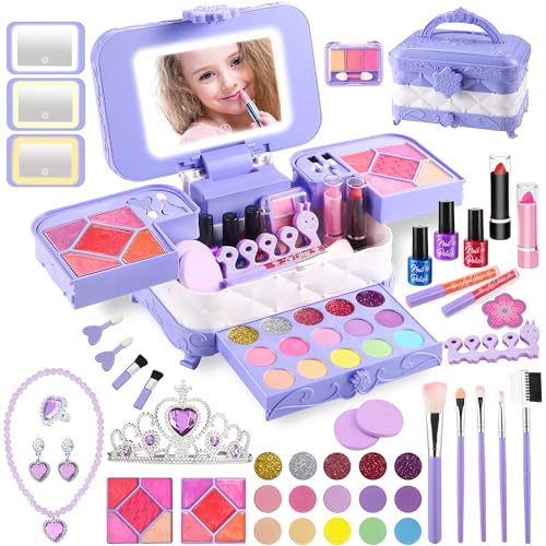 Yasinkidz Kinderschminke Set Mädchen mit LED Kosmetikspiegel, 59Pcs Schminkkoffer Mädchen Spielzeug, Waschbar Schminkset Kinder Make Up Set Geburtstags Weihnachten Geschenke für Mädchen (Lila) von YasinKidz