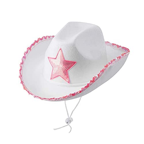 Yassiglia Cowboy Hut Damen Elegant Breite Krempe Hut Vintage Western Hüte Cowgirl Cap Mädchen Prinzessin Hut für Cosplay Allerheiligen Halloween Party (Weiß Stern, Einheitsgröße) von Yassiglia