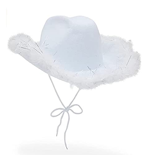 Yassiglia Cowboy Hut Damen Elegant Breite Krempe Hut Vintage Western Hüte Cowgirl Cap Mädchen Prinzessin Hut für Cosplay Allerheiligen Halloween Party (Weiß mit glänzendem Flaum , Einheitsgröße ) von Yassiglia