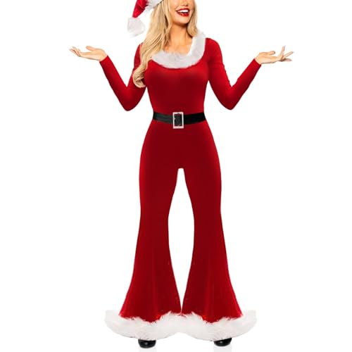 Yassiglia Elegant Weihnachtskostüm Damen Weihnachten Langarm Roter Jumpsuit und Mütze Set Weihnachtsmann Cosplay Kostüm für Party Club (Rot, XL) von Yassiglia