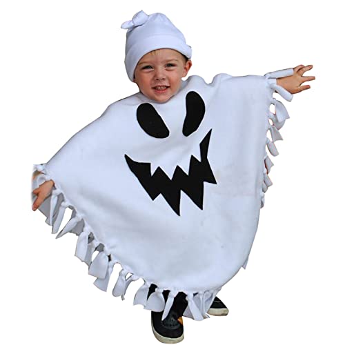 Yassiglia Kinder Halloween Gespenst Kostüm Mädchen Jungen Geist Umhang mit Kapuze Kleinkind Niedlich Gruselig Poncho für Halloween Fasching Party Cosplay (Weiß mit Hut , 1-2 Years ) von Yassiglia