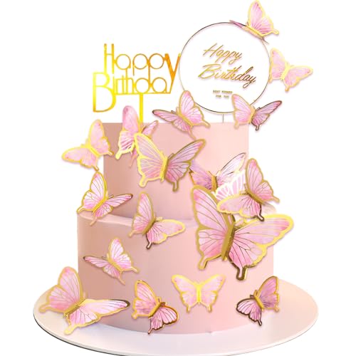Yatinkim Rosa Schmetterling Kuchen Dekorationen Schmetterlinge Cupcake Toppers Happy Geburtstag Dekor für Mädchen Frauen Baby Dusche Hochzeit Party Wand 22 Stück von Yatinkim