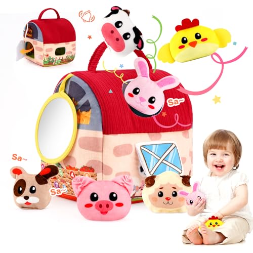 Baby Kuschelspielzeug 6-12-18-24 Monate – Bauernhof-Sensorisches Spielzeug mit weichen Plüsch-Tieren, Rassel & Spiegel – Montessori-Motorikspielzeug für 1-2 Jahre, sanftes Lern- & Entwicklungsspiel von Ybzegrd