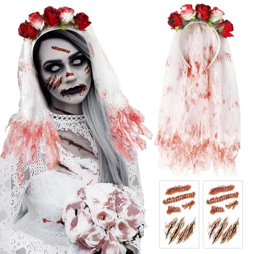 100CM Halloween Kopfschmuck Rosen Tag Der Toten Haarreif mit Spitzenhandschuhe und Gesicht Tattoos,Mexikanische Stirnband Rosen,Tag Der Toten Haarrei für Frauen Damen Kostüm Accessoires (Rot Weiß) von Ycaaeo