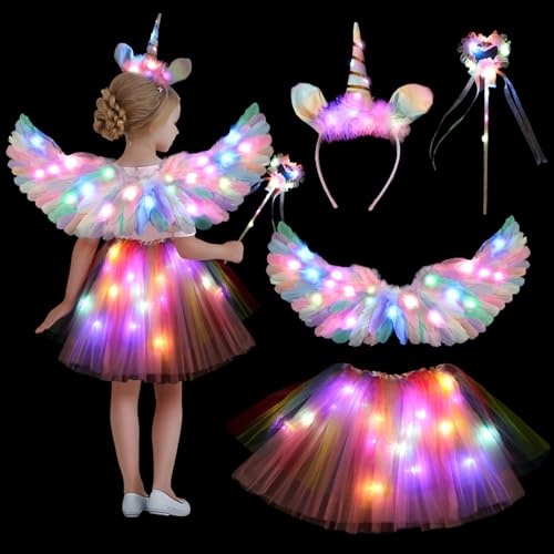4er Leuchtend Einhorn Kostüm Kinder Set, Einhorn Kostüm Mädchen, mit LED Tutu Tüllrock Mädchen, 63cm LED Engelsflügel, Einhorn Haarreif LED, Zauberstab Leuchtend, für Cosplay Geburtstag Karneval 4er Leuchtend Einhorn Kostüm Kinder Set, Einhorn Kostüm Mädchen, mit LED Tutu Tüllrock Mädchen, 63cm LED Engelsflügel, Einhorn Haarreif LED, Zauberstab Leuchtend, für Cosplay Geburtstag Karneval von Ycaaeo