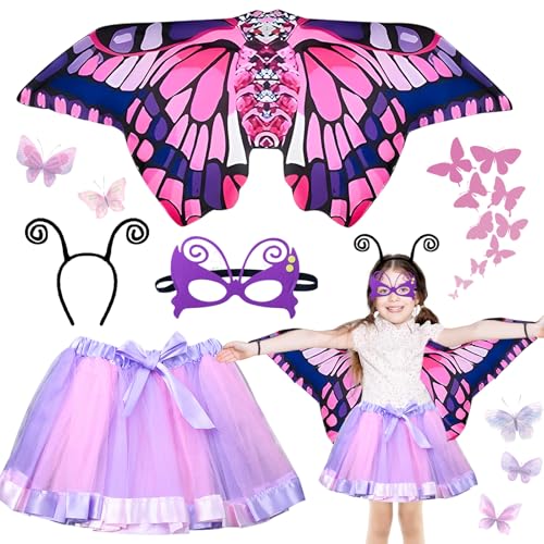 4er Schmetterling Kostüm Kinder Set, karneval kostüm kinder schmetterling, mit Schmetterlingsflügel, Tutu Rock Kinder, Haarreif, Maske, Schmetterling Kostüm Mädchen, für Karneval/Maskerade/Mottoparty 4er Schmetterling Kostüm Kinder Set, karneval kostüm kinder schmetterling, mit Schmetterlingsflügel, Tutu Rock Kinder, Haarreif, Maske, Schmetterling Kostüm Mädchen, für Karneval/Maskerade/Mottoparty von Ycaaeo
