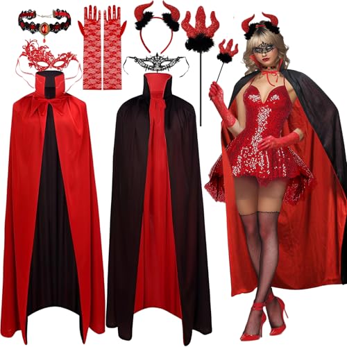 Ycaaeo Vampir Umhang Damen,Teufel Kostüm Damen mit Kragen,Teufelshörner,Teufelsgabel,Rubin-Halskette,2 Spitzenmasken,Spitzenhandschuhe,Vampir Kostüm für Halloween Karneval Cosplay Ycaaeo Vampir Umhang Damen,Teufel Kostüm Damen mit Kragen,Teufelshörner,Teufelsgabel,Rubin-Halskette,2 Spitzenmasken,Spitzenhandschuhe,Vampir Kostüm für Halloween Karneval Cosplay von Ycaaeo