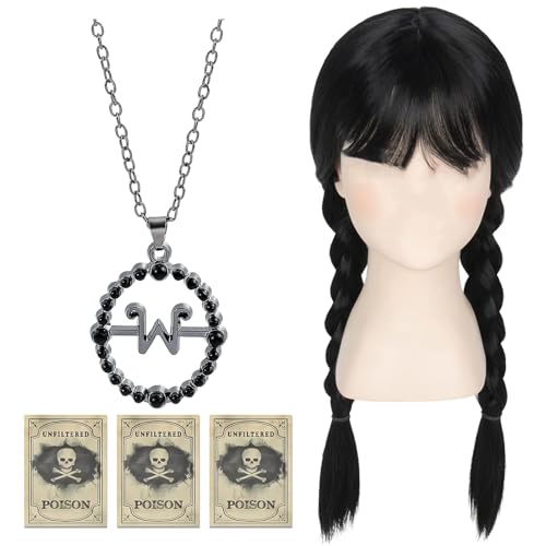Mittwoch Perücken mit Mittwoch Halskette und 3 Totenkopf-Aufklebern,Mittwoch Schwarze Perücke Fasching,Mittwoch Lange Geflochtene Perücken für Halloween Karneval Cosplay Mädchen Damen Mittwoch Perücken mit Mittwoch Halskette und 3 Totenkopf-Aufklebern,Mittwoch Schwarze Perücke Fasching,Mittwoch Lange Geflochtene Perücken für Halloween Karneval Cosplay Mädchen Damen von Ycaaeo