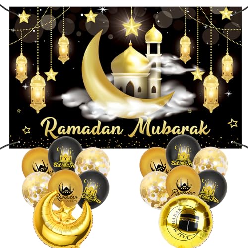 Ramadan Mubarak Hintergrund Banner mit Ramadan Sterne und Mond Balloon,Eid Mubarak Muslim Dekoration Hintergrund Kareem Banner für Ramadan Islamische Party Deko von Ycaaeo