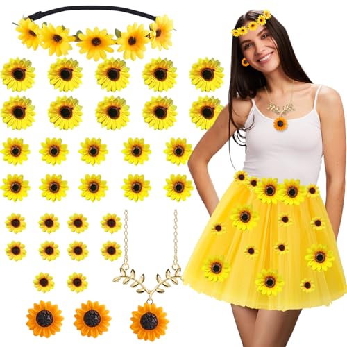 Sonnenblumen Kostüm Damen,Sonnenblumen Kostüm Tütü Gelb Tüllrock mit Sonnenblume Haarreif,Baumeln,2 Ohrring,30 Blütenköpfe Deko,Sonnenblumen Haarschmuck Kostüm Set für Karneval Mottoparty Cosplay Sonnenblumen Kostüm Damen,Sonnenblumen Kostüm Tütü Gelb Tüllrock mit Sonnenblume Haarreif,Baumeln,2 Ohrring,30 Blütenköpfe Deko,Sonnenblumen Haarschmuck Kostüm Set für Karneval Mottoparty Cosplay von Ycaaeo