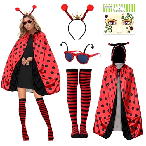 Ycaaeo 5 Stück Marienkäfer Umhang Kostüm Set,Marienkäfer Damen mit Marienkäfer Haarreif Marienkäfer Überkniestrümpfe Marienkäfer Brille Gesichtstattoo für Damen Karneval Fasching Party Ycaaeo 5 Stück Marienkäfer Umhang Kostüm Set,Marienkäfer Damen mit Marienkäfer Haarreif Marienkäfer Überkniestrümpfe Marienkäfer Brille Gesichtstattoo für Damen Karneval Fasching Party von Ycaaeo