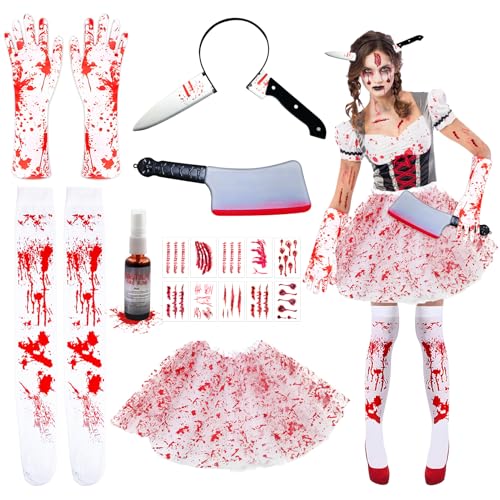 Blut Kostüm Damen Set, Halloween Blut Tutu, mit Halloween Blutige Strümpfe, Handschuhe Blut, Kunstblut Spray, Haarreif Messer, Messer Spielzeug, Halloween Tattoo Narben, Blutbefleckte Halloween Kostüm Blut Kostüm Damen Set, Halloween Blut Tutu, mit Halloween Blutige Strümpfe, Handschuhe Blut, Kunstblut Spray, Haarreif Messer, Messer Spielzeug, Halloween Tattoo Narben, Blutbefleckte Halloween Kostüm von Ycaaeo