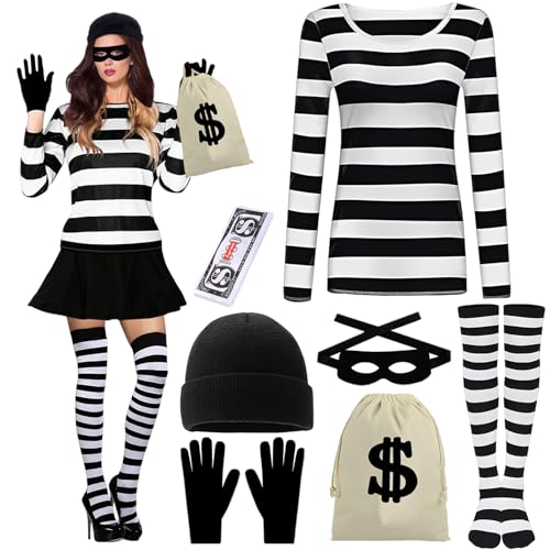 Ycaaeo Räuber Kostüm Damen,9er Kostümset für Räuber für Damen,Kostüm Dieb,Panzerknacker Kostüm Damen Set mit T-Shirt,Augenmaske,Taschen,Banknoten,Handschuhen,Socken,Hut für Karneval Halloween Cosplay von Ycaaeo