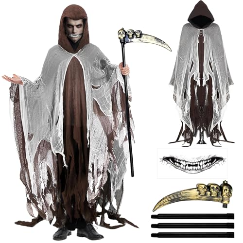 Ycaaeo Sensenmann Kostüm Herren,Halloween Sensenmann Umhang mit Kapuze und Sensen & Horror Tattoo,Halloween Gruseliges Ghul Kostüm Zerrissenen Robe für Halloween Karneval Cosplay Party Ycaaeo Sensenmann Kostüm Herren,Halloween Sensenmann Umhang mit Kapuze und Sensen & Horror Tattoo,Halloween Gruseliges Ghul Kostüm Zerrissenen Robe für Halloween Karneval Cosplay Party von Ycaaeo